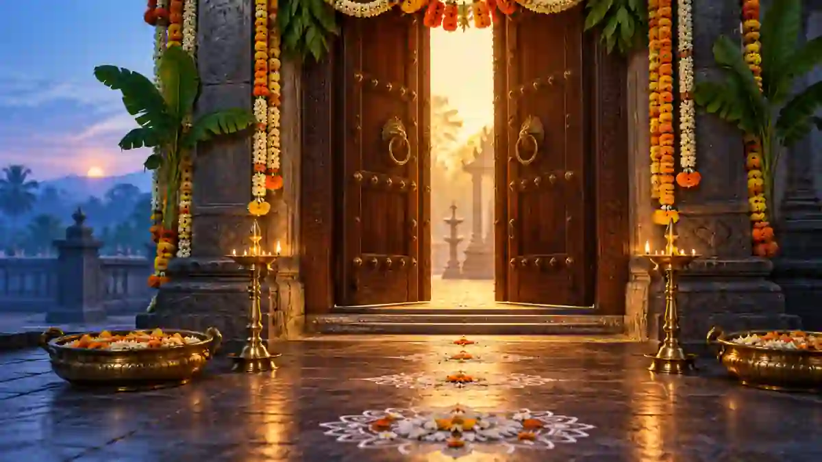 फूलों से सजे सांकेतिक मंदिर-द्वार खुलने और दीपों का मौलिक AI चित्र
