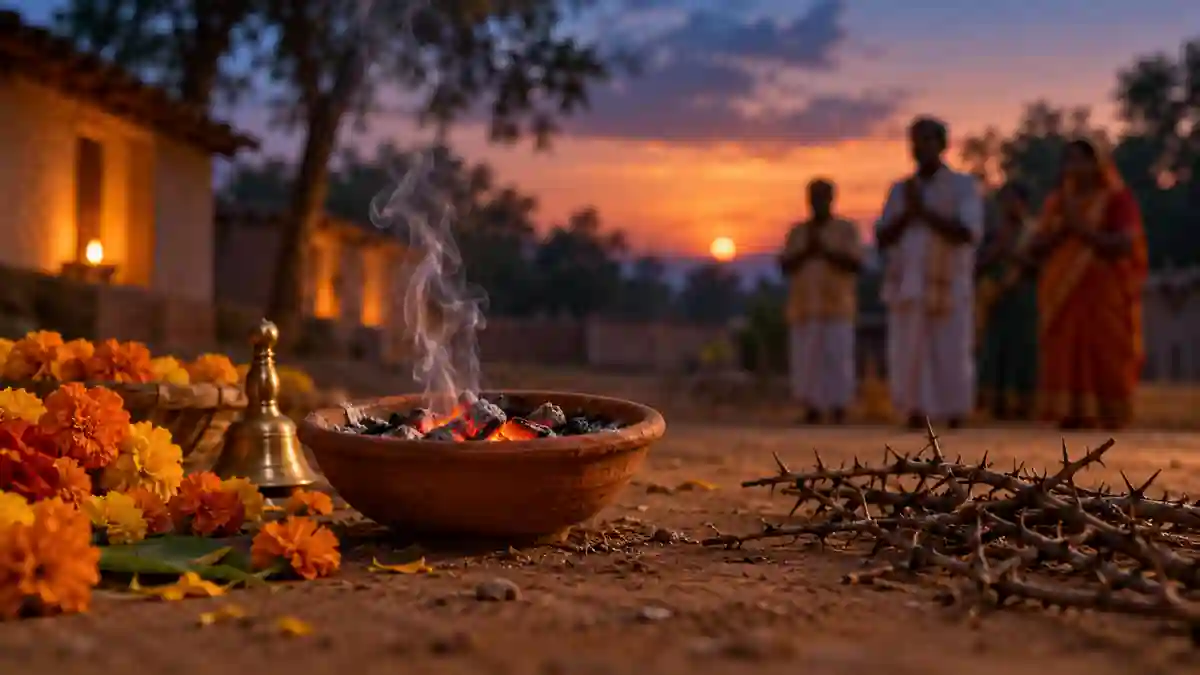धूप के पात्र में अंगारे, अलग रखी कांटेदार टहनियां और दूर प्रार्थना करते श्रद्धालुओं का सांकेतिक चित्र