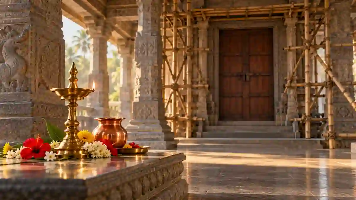 दीपक, पूजा-पात्र और मरम्मत के संकेत वाले काल्पनिक मंदिर परिसर का सांकेतिक चित्र
